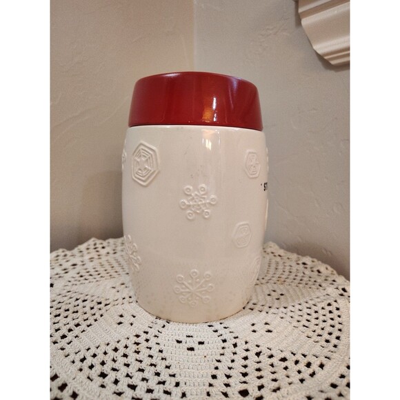 2011 Starbucks Red white Holiday Snowflake Ceramic Coffee Canister 7" Tall - Picture 5 of 14